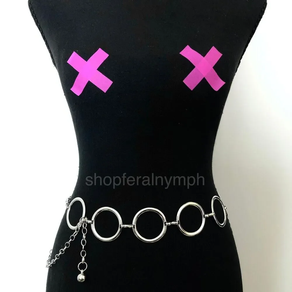 Y2K Minimalist Silver Open Circle Chain Belt, Fits 24.5–42 Inches, X7GA1229